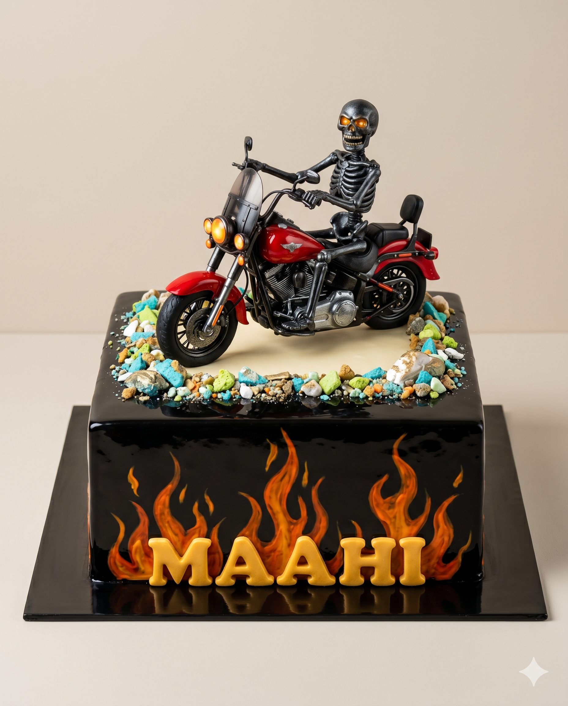 Motorcycle Rider Skeleton Fire Cake